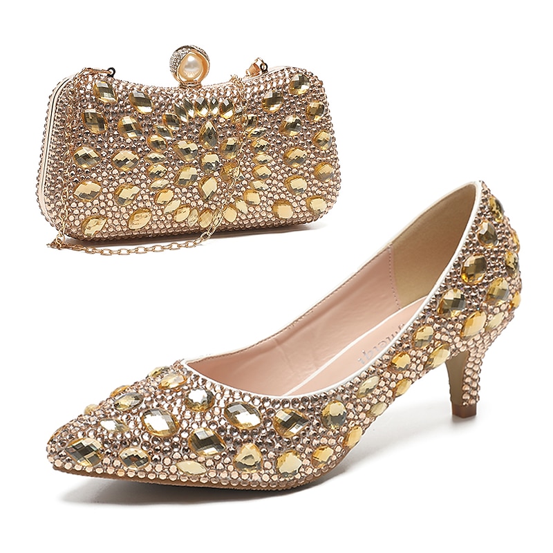 Women's Crystal-Embellished Kitten Heel Shoes and Matching Clutch Set - Elegant Rhinestone Wedding Pumps with Evening Bag3