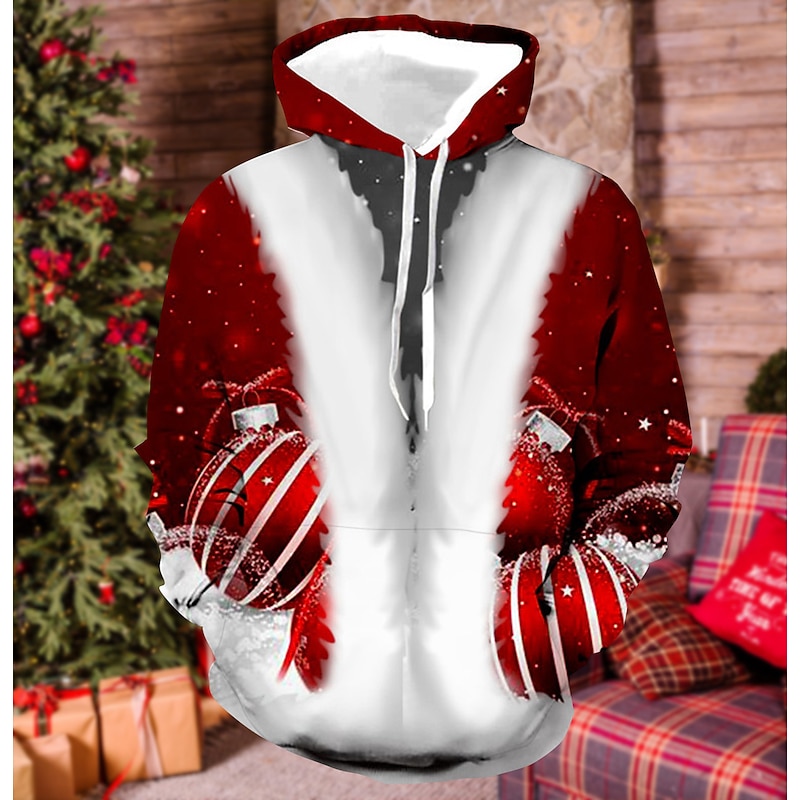 Christmas Men's Christmas Costume 3D Hoodies Graphic Unisex Pullover Prints Ugly Hooded Daily Red White Cotton