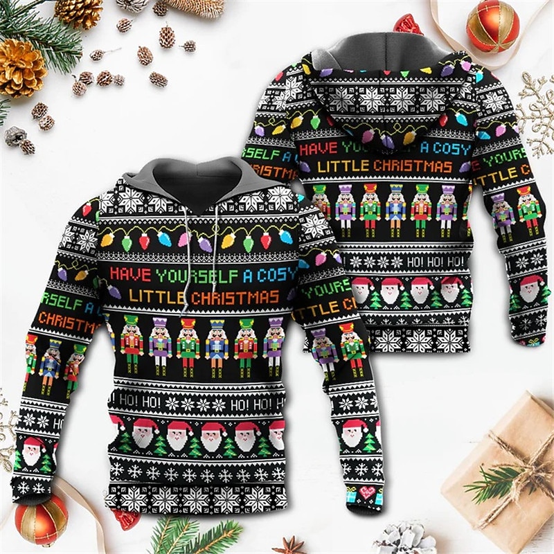 Christmas Men's Christmas Scene 3D Hoodies Pullover Black Gray Hooded Santa Claus Graphic Prints Snowflake Print  Daily Sports 3D Print Basic Streetwear