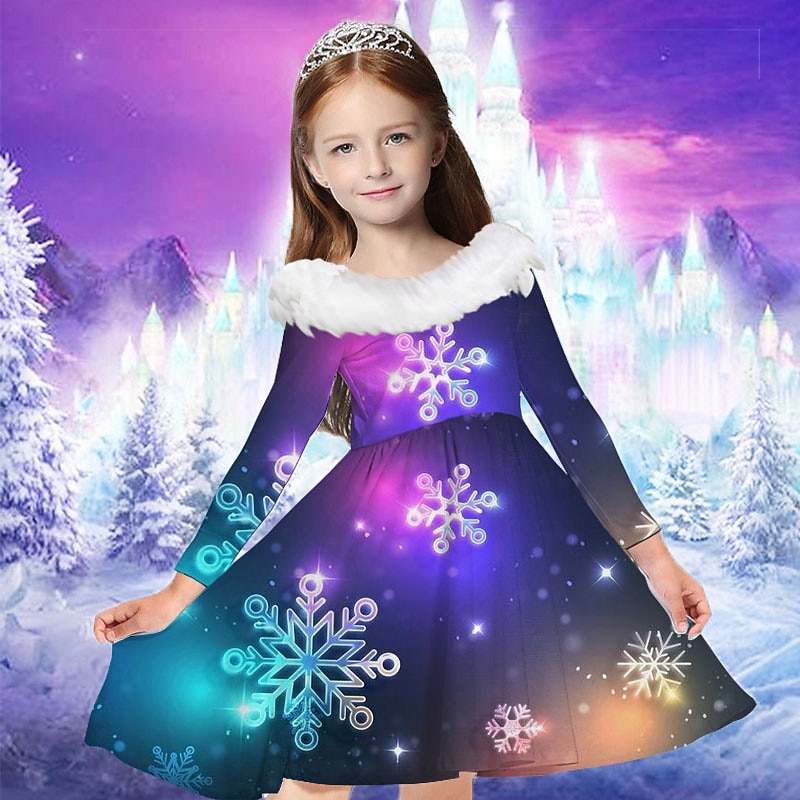 Kids Girls' Dress Snowflake Dress Snowflake Long Sleeve Casual Fur Trim Crewneck Adorable Daily Polyester Above Knee Casual Dress Swing Dress A Line Dress Fall Winter 2-13 Years Multicolor Champagne4