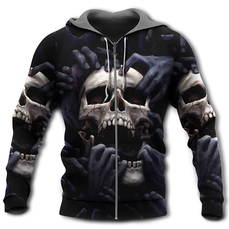 Men's Skull Graphic Prints Hoodie Hoodies Sweatshirt Streetwear Designer Long Sleeve Hooded Sports & Outdoor Daily Sports Black Zipper Print Spring &  Fall Designer2