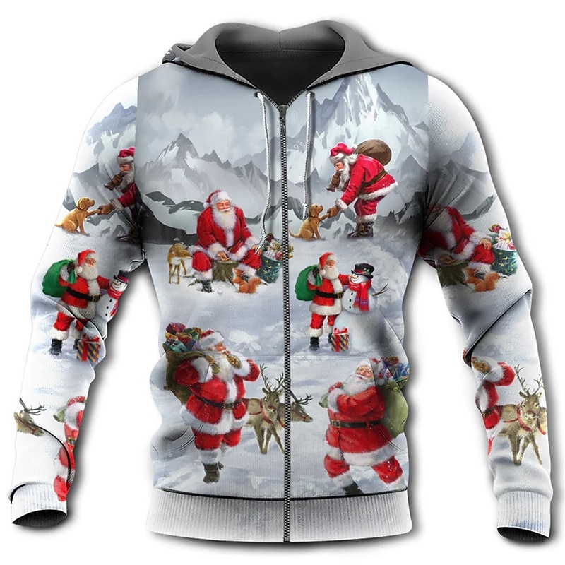 Christmas Men's Santa Claus 3D Hoodies Full Zip Jacket Blue Purple Dark Gray Gray Hooded Santa Claus Graphic Prints Ugly  Zipper Print Sports & Outdoor Daily2