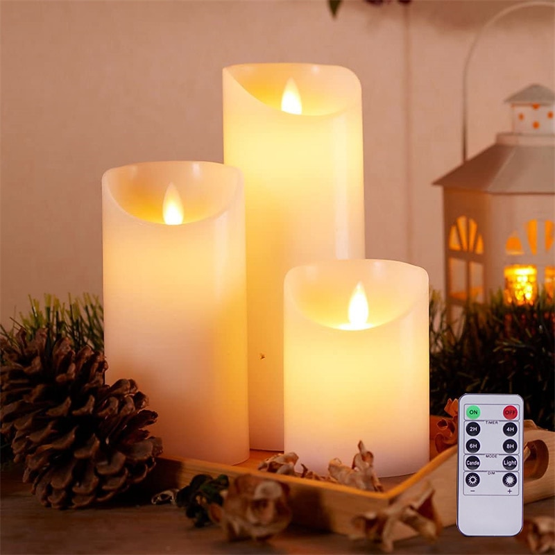 LED Candles Flameless Flickering Pillar Candles with Remote and Timer Battery Operated 3D Wick Real Wax Ivory Warm Light LED Pillar Candles for Halloween Decoration Indoor Set of 3(D3 x H456 Inch)2