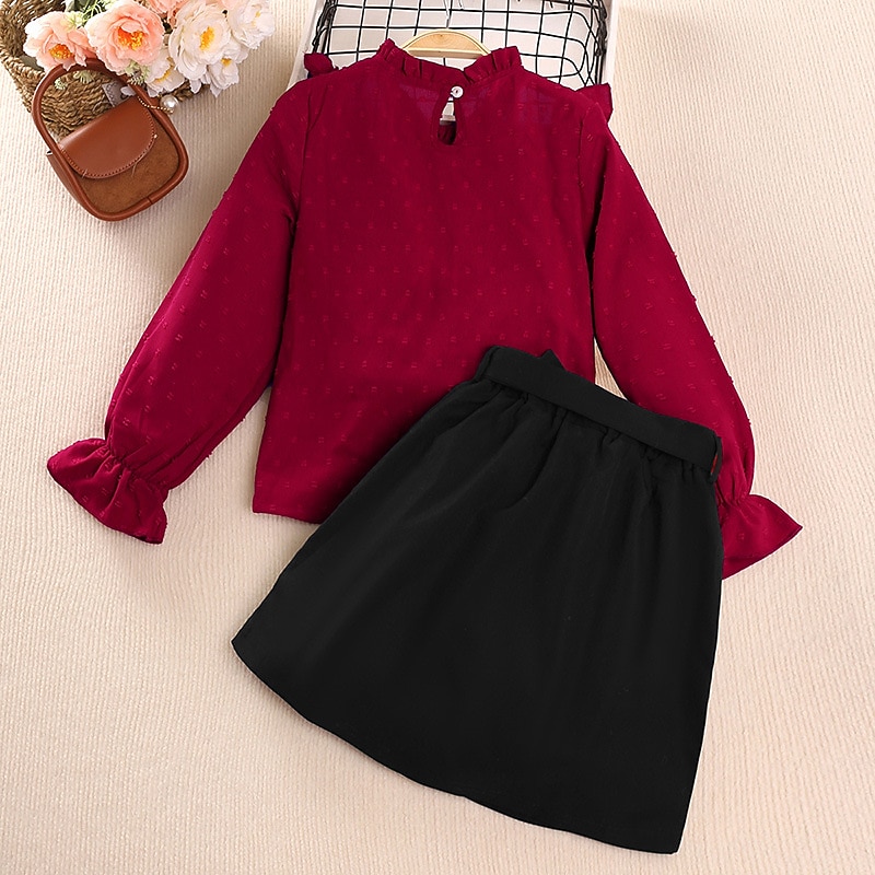 2 Pieces Kids Girls' Solid Color Skirt & Shirt Set Long Sleeve Active Outdoor 7-13 Years Winter Red2