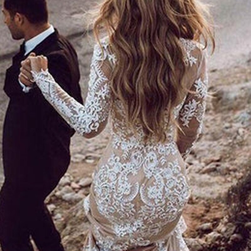 Beach Wedding Beach Simple Wedding Dress in Color Boho Wedding Dresses Mermaid Scoop Neck Long Sleeve Court Train Lace Bridal Gowns With Appliques4