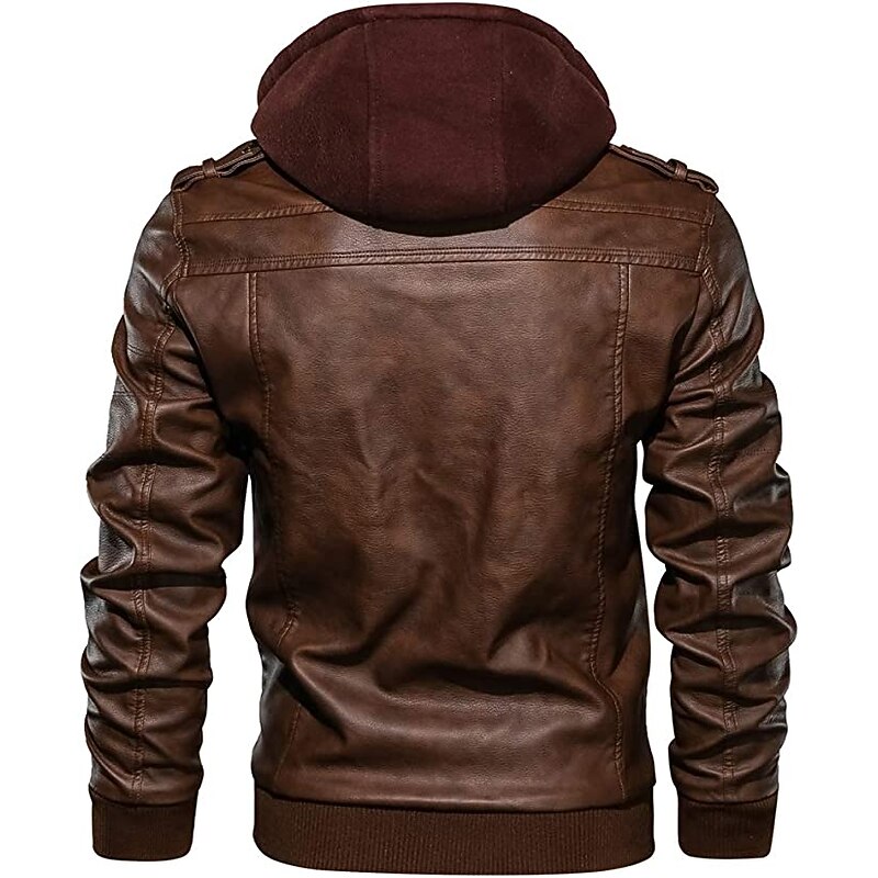 Men's Faux Leather Jacket Biker Jacket Hoodie Jacket Outdoor Daily Thermal Warm Windproof Pocket Fall Solid Color Sporty Casual Stand Collar Regular Black Brown Gray Jacket4