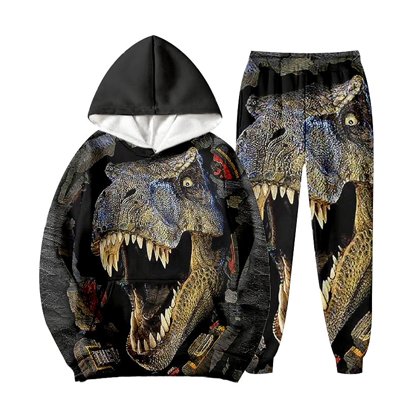 2 Pieces Kids Boys Hoodie & Pants Outfit Animal Dinosaur Long Sleeve Set Casual Cool Daily Winter Fall 7-13 Years Black Blue Orange3