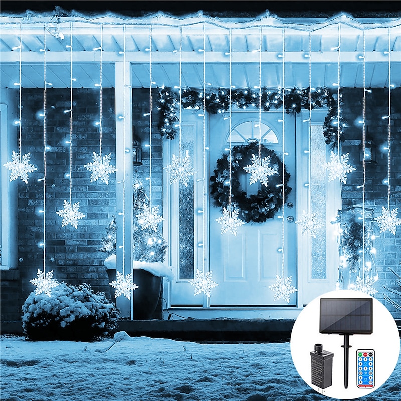 Christmas snowflake  String Lights Outdoor Solar 8 Modes 5M 216LED 3.5M 96LED Remote Control Solar Energy 24V Plug in String Lights LED Garland Curtain Fairy String Light For Garden Eaves Party Decor3