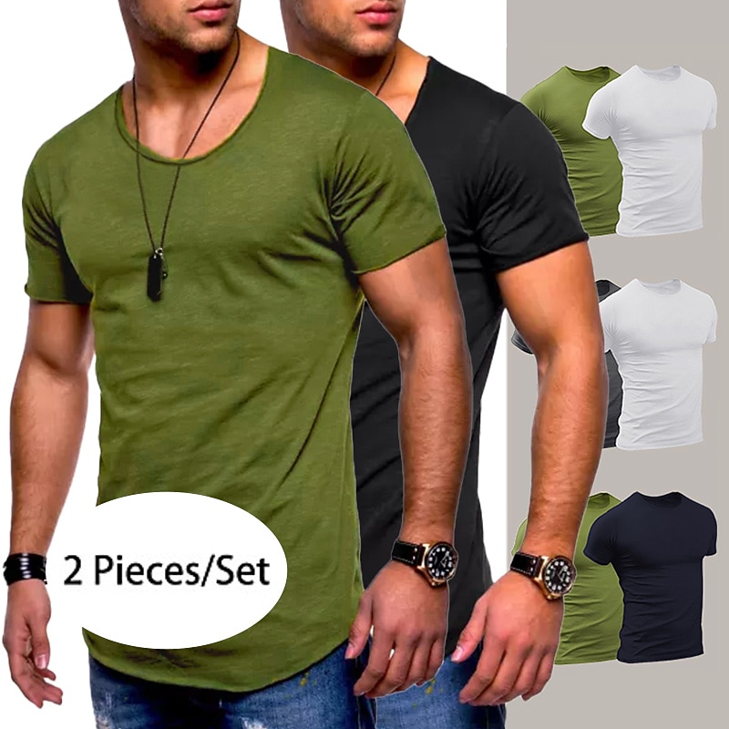 2 Pieces  Men's Set Crew Neck T shirt Tee Solid Color White&Blue White Green Black+Army Green Navy Blue+Black Dark Grey+Army Green Print Casual Holiday Short Sleeve Clothing Apparel Sports Fashion