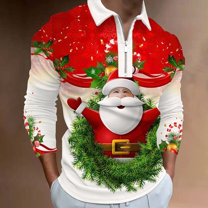 Christmas Men's Santa Claus 3D Zipper Polo Golf Santa Claus Turndown Wine White+Red Red+Army Green+White Black White 3D Print Street Casual Long Sleeve Zipper Print Clothing Apparel Fashion Designer4