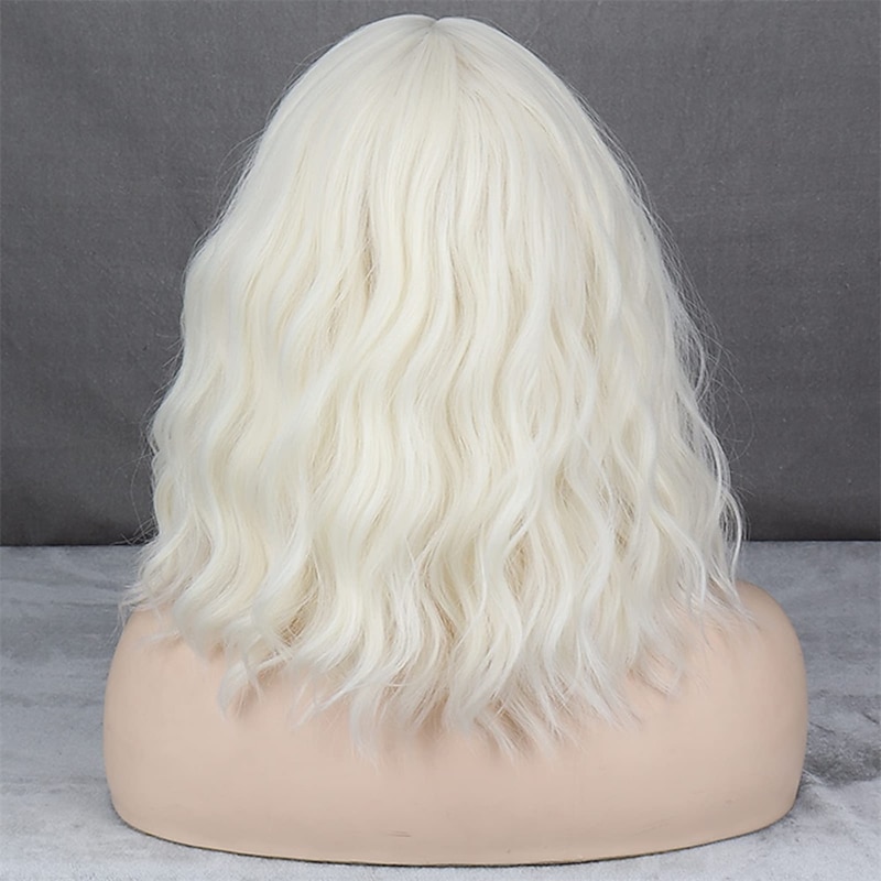 Short Platinum Blonde Wigs for Women White Blonde Wavy Wig with Bangs Synthetic Medium Length Platinum Wavy Bob Wig for Daily Use4