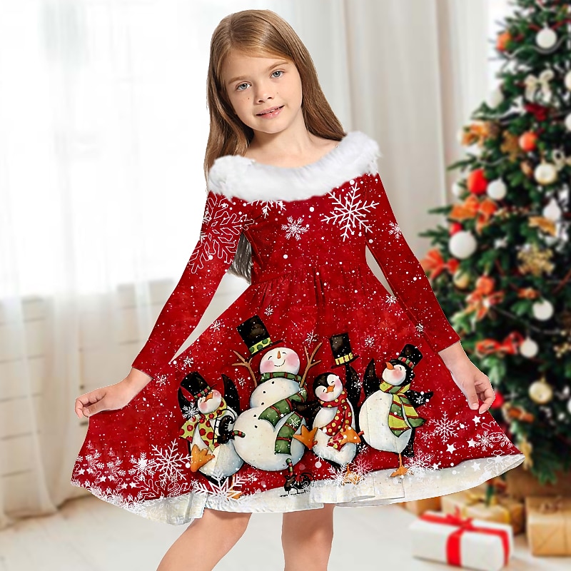 Kids Girls' Dress Casual Dress Above Knee Dress Fur Trim Long Sleeve  Adorable Dress 2-13 Years Winter Green Blue Wine - Product Details