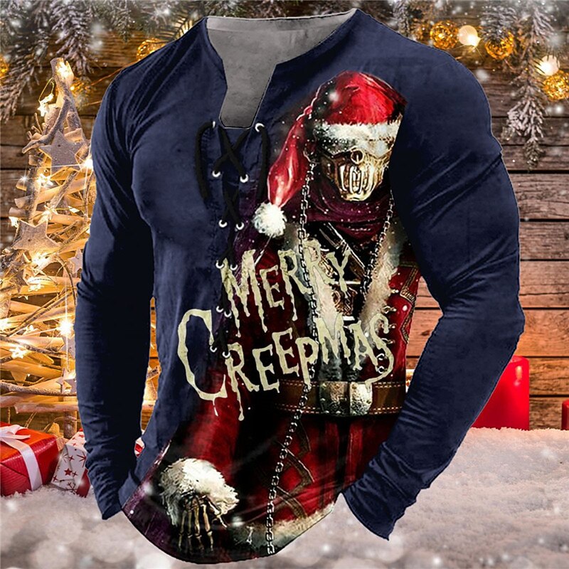 Christmas Men's Funny Christmas Henley T Shirt Graphic Tee Skull Collar Black Red Navy Blue 3D Print Outdoor Long Sleeve Lace Up Clothing Apparel Merry Creepmas Gothic Cotton2