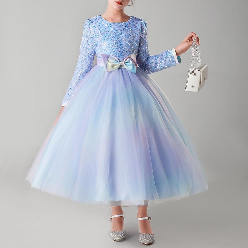 Kids Girls' Flower Girl Dress Party Dress Solid Color Flower Long Sleeve Performance Wedding Party Sequins Tie Knot Elegant Princess Polyester Maxi Tulle Dress Flower Girl's Dress Spring Fall Winter2