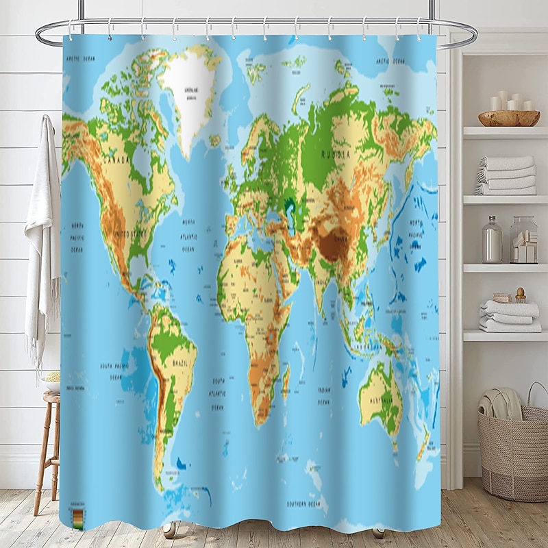 Shower Curtain with Hooks 180cm*180cm(70"*70") Polyester Washable Waterproof World Map Pattern2