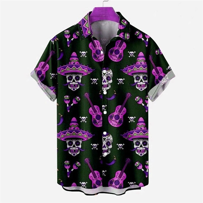 Men's Skull Halloween Costumes Shirt Short Sleeves Fashion Designer Casual Outdoor Halloween Street Summer Spring Turndown Print Button-Down Navy Blue Blue Purple Green2