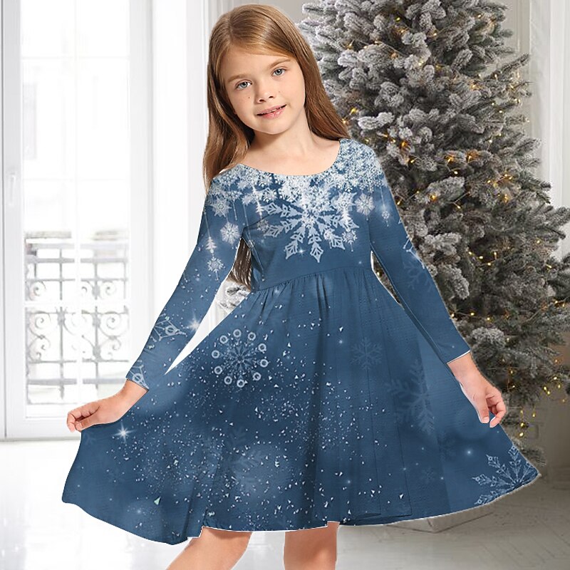 Kids Girls' Christmas Dress Dress Snowflake Dress Snowflake Long Sleeve Casual Crewneck Adorable Daily Polyester Above Knee Casual Dress Swing Dress A Line Dress Fall Winter 3-10 Years Multicolor4