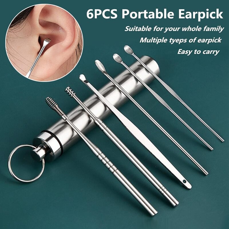 Ear Wax Removal kit Ear Wax Removal 6-in-1 Ear Pick Tools Reusable Ear Cleaner Stainless Steel Ear Pick Set with Keychain Box Utility to Use