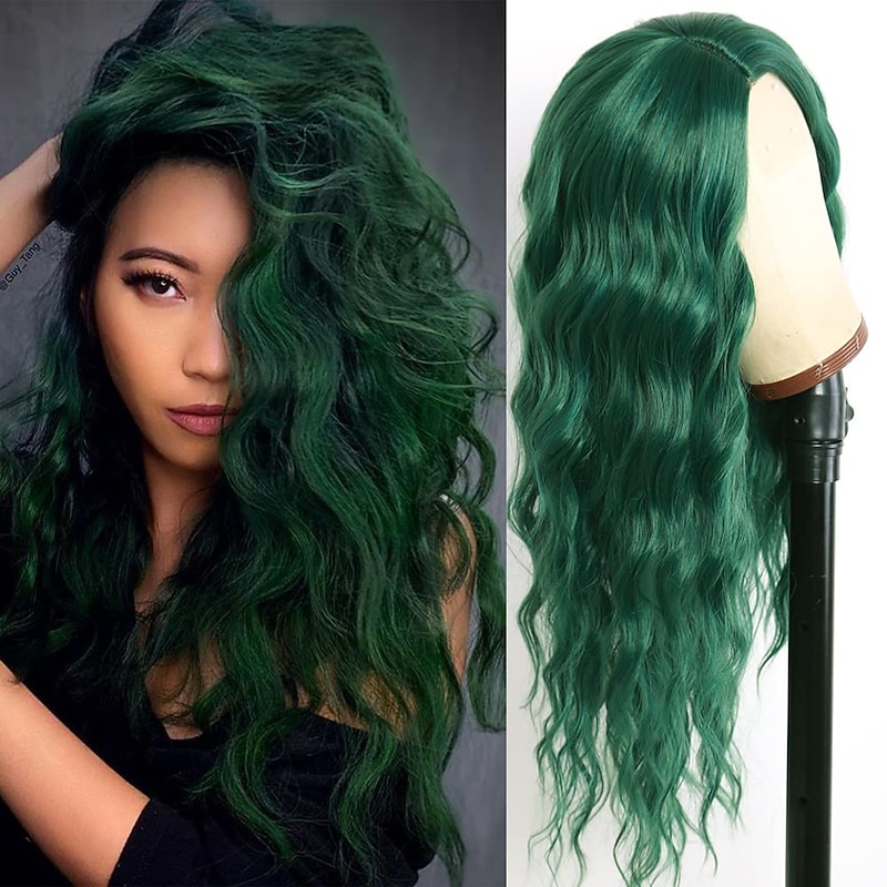 Green Wigs for Women Heat Resistant Hair Replacement Deep Body Wave Middle Part Wig Synthetic Small Lace Wig for Christmas Party Daily Party Wig St.Patrick's Day Wigs