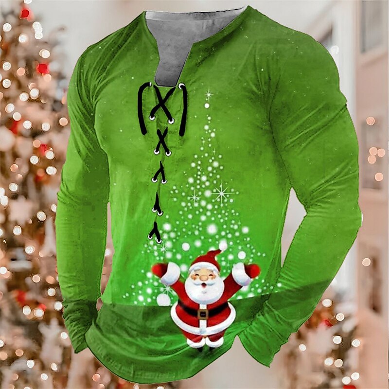 Christmas Men's Santa Claus Henley T Shirt Graphic Tee Santa Claus Collar Green Blue Purple Orange Red 3D Print Outdoor Long Sleeve Lace Up Casual Cotton4