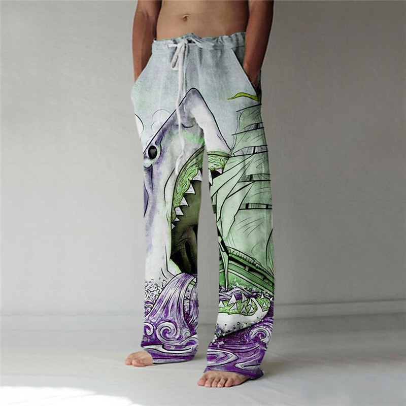 Men's Trousers Summer Pants Baggy Beach Pants Elastic Drawstring Design Front Pocket Straight Leg Shark Graphic Prints Comfort Soft Casual Daily For Vacation Linen Like Fabric Fashion Streetwear Blue3