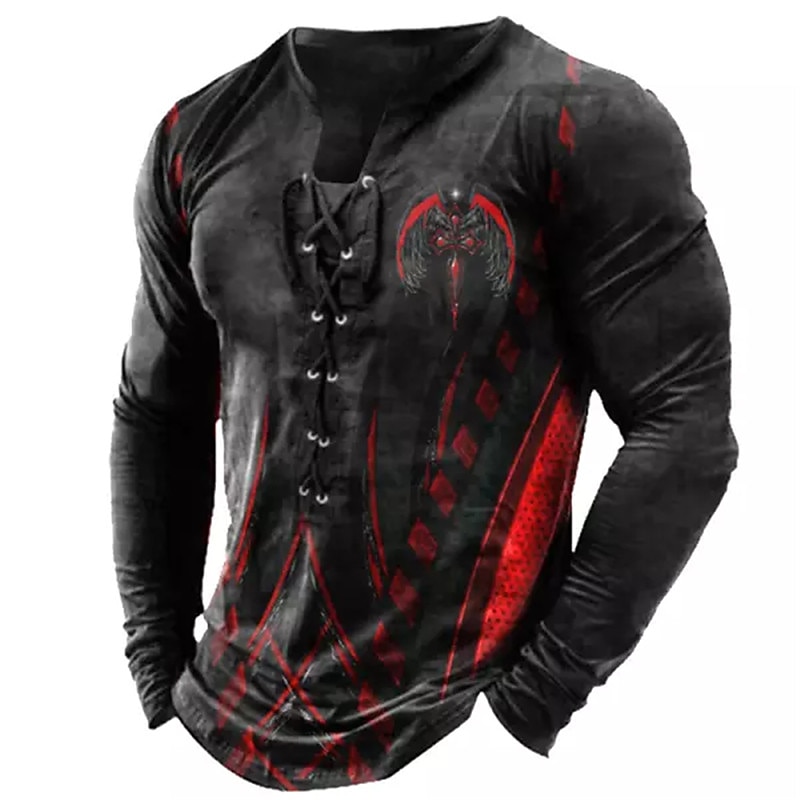 Men's Graphic Gothic Horror T Shirt Tee Long Sleeve Shirt Collar Outdoor Street 3D Print Black Lace up Print Clothing Apparel Designer Basic Classic Casual