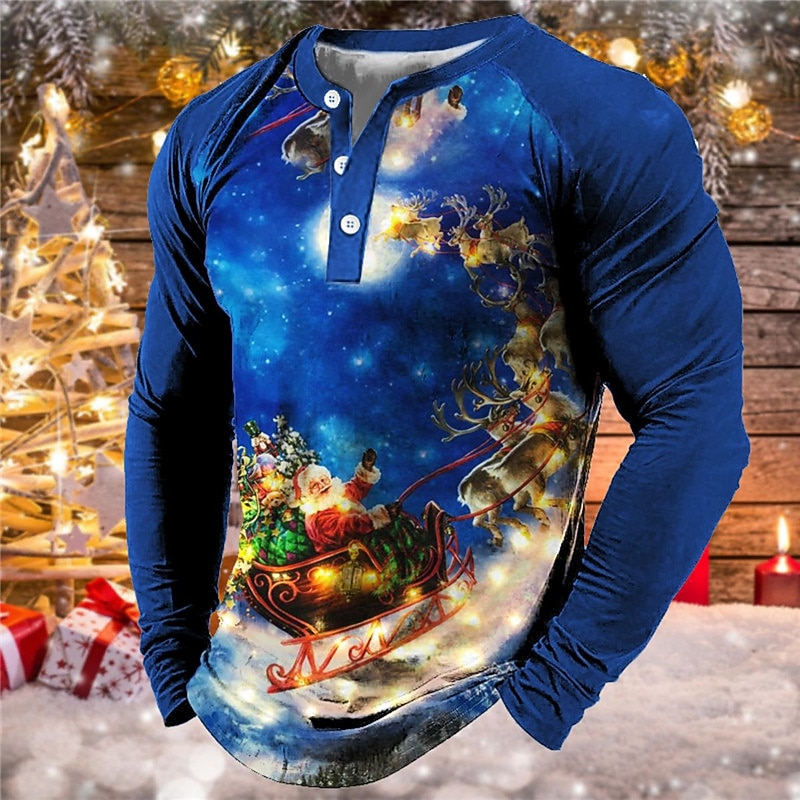 Christmas Men's Santa Claus Henley T Shirt Henley Tee Tee Graphic Santa Claus Henley Sea Blue Green Black Blue Purple 3D Print Outdoor Long Sleeve Patchwork Button-Down Clothing Apparel Basic