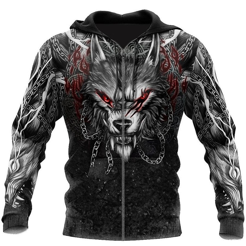Men's Animal Wolf Graphic Prints Viking Hoodie Hoodies Sweatshirt Streetwear Designer Long Sleeve Hooded Sports & Outdoor Daily Sports Black Zipper Print Spring &  Fall Designer