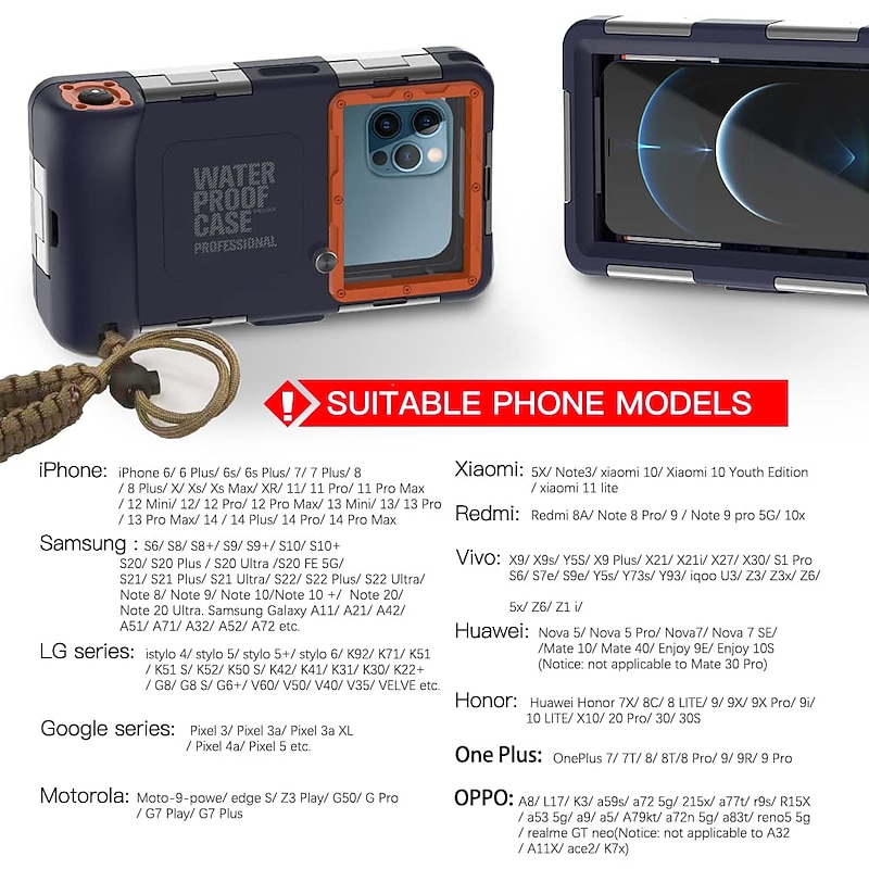 Waterproof Phone Case 50ft Diving Phone Case for iPhone Pro Max Samsung Series Phones Surfing Swimming Snorkeling Photo Video Protection Case Underwater Smartphones Cover with Lanyard3