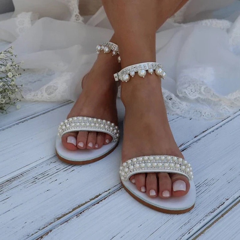 Women's Wedding Shoes Bling Bling Sparkling Shoes Sparkly Sandals Bridal Shoes Rhinestone Imitation Pearl Flat Heel Open Toe Faux Leather Ankle Strap White2