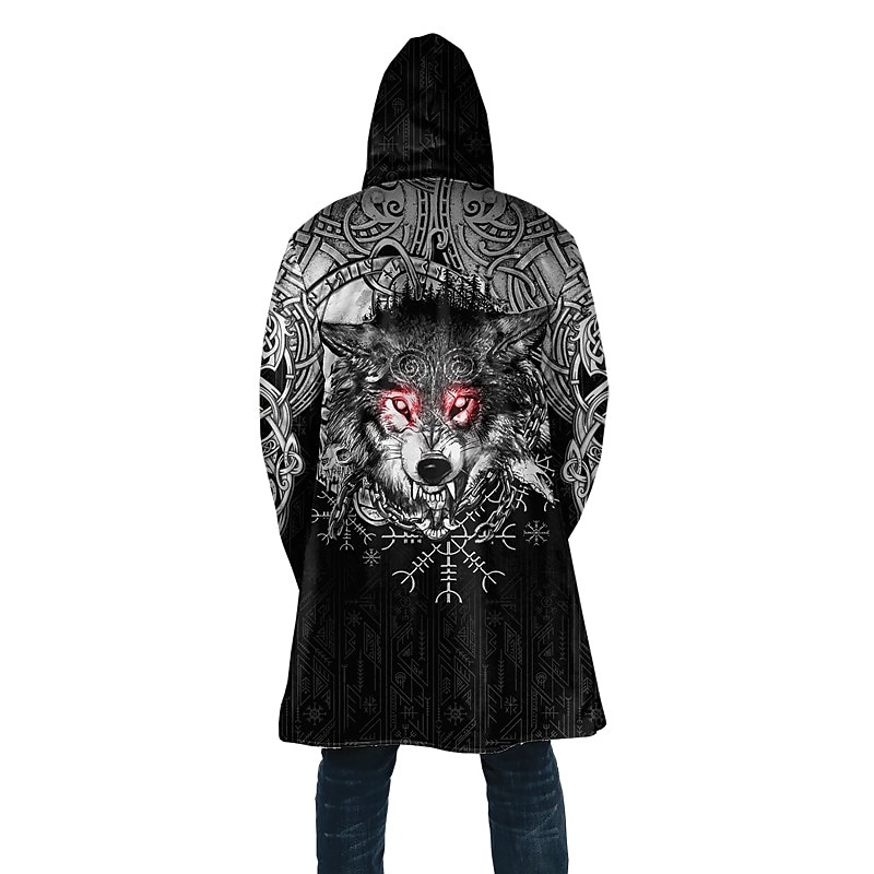 Men's Animal Wolf Winter Coat Fleece Jacket Coat Warm Comfortable Breathable Fashion Streetwear Sport Sports & Outdoor Daily Wear Going out Zipper Pocket Print Fall & Winter Hoodie Long Sleeve Black2