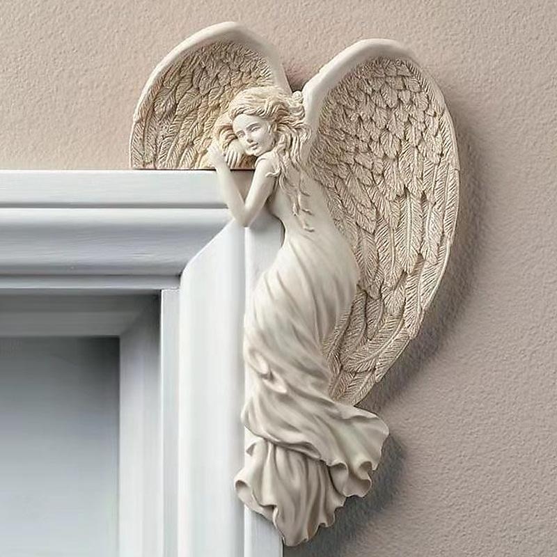 Door Frame Angel Decor Statues Ornaments with Heart-Shaped Wings Sculpture Angel in Your Corner Resin Wall Sculpture Crafts for Home Living Room Bedroom Decoration