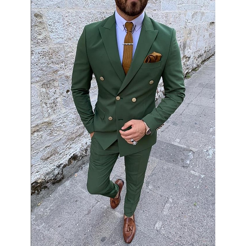 Men's Wedding Suits Peak Dark Green Solid Colored Standard Fit 2 Piece Double Breasted Six-buttons