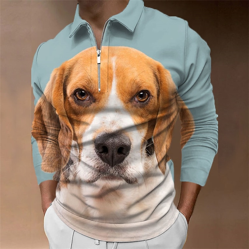 Men's Dog Zip Polo Shirts Golf Shirt Long Sleeve Polo Shirts Collared Shirts Casual Funny Streetwear Vacation Wear Party Outfits 3D Print Quarter Zip Polo Black Yellow Black / Brown3