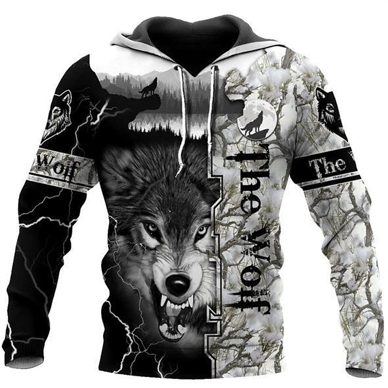 Men's Wolf Graphic Prints Hoodie Hoodies Sweatshirt Streetwear Basic Long Sleeve Hooded Daily Sports Black Print Spring &  Fall Designer