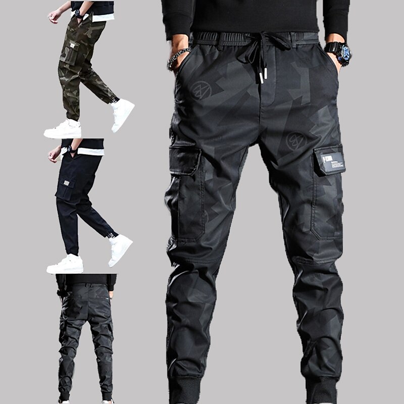 Men's Cargo Pants Cargo Trousers Trousers Cropped Pants Casual Pants Drawstring Elastic Waist Camouflage Comfort Breathable Casual Daily Streetwear Sports Fashion Black Micro-elastic2