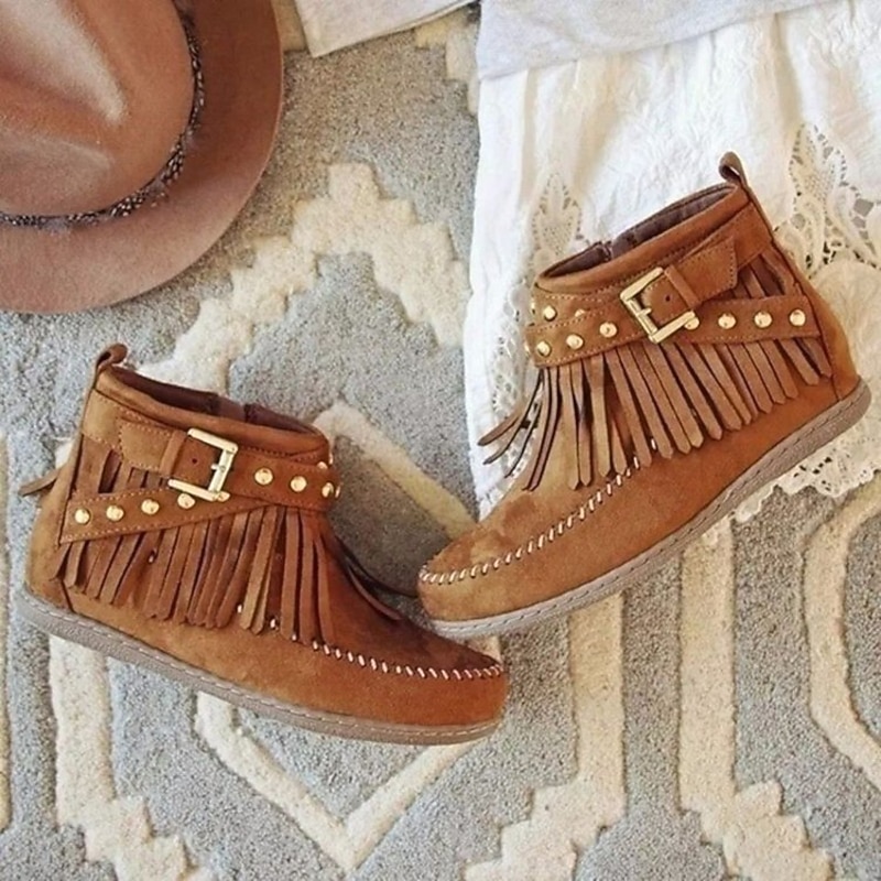 Women's Brown Faux Suede Fringe Ankle Boots - Boho Style with Studded Strap and Side Zipper for Casual Fall Fashion2