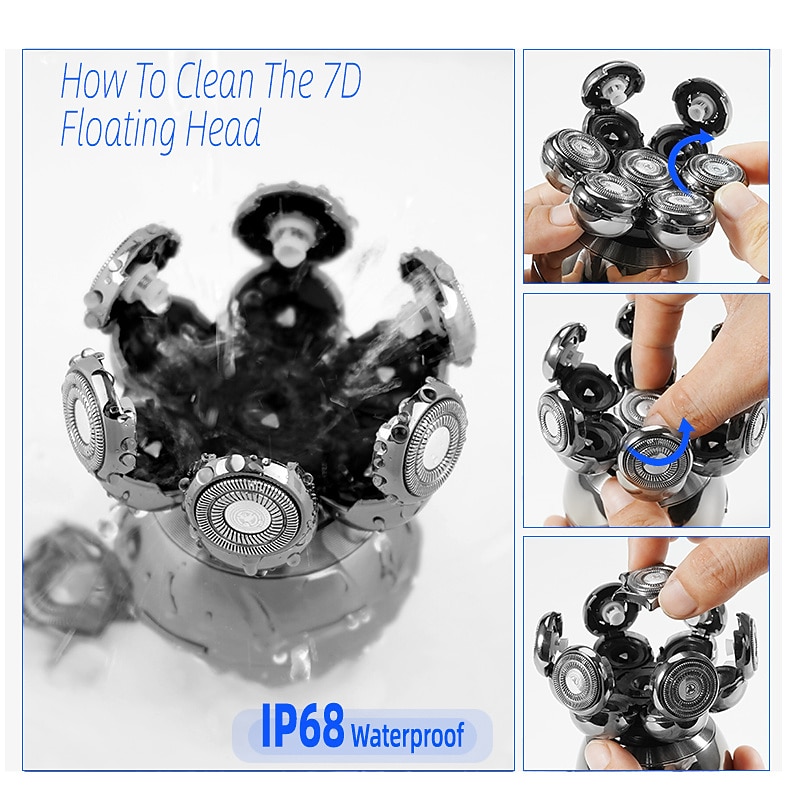 6 In 1 Electric Head Shaver for Bald Men 7D Floating Cutter Beard Trimmer Clipper IP68 Waterproof Shaving USB Wireless Charging Christmas Gift 8