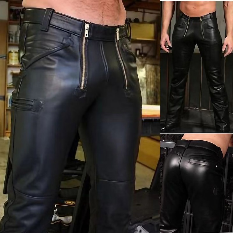Men's Trousers Faux Leather Pants Zipper Pocket Straight Leg Solid Color Waterproof Full Length Daily Holiday Going out Stylish Classic Black