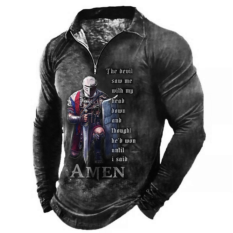 Men's Knights Templar Zip Polo Shirts Golf Shirt Long Sleeve Polo Shirts Collared Shirts Vintage Casual Vacation Wear Festival Wear Party Outfits 3D Print Quarter Zip Polo Black Blue Green4