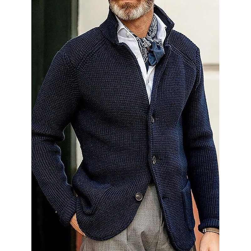 Men's Sweater Cardigan Sweater Jacket Blazer Waffle Knit  Stand Collar Cropped Knitted Solid Color Long Sleeve Basic Stylish Outdoor Daily Clothing Apparel Fall Winter Blue Khaki S M L