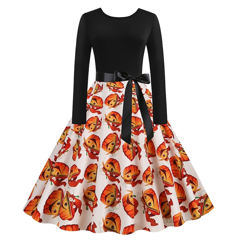 Women's 1950s Flare Dress Swing Dress Sugar Skull Pumpkin Adults' Cocktail Dress Retro Vintage Long Sleeves2