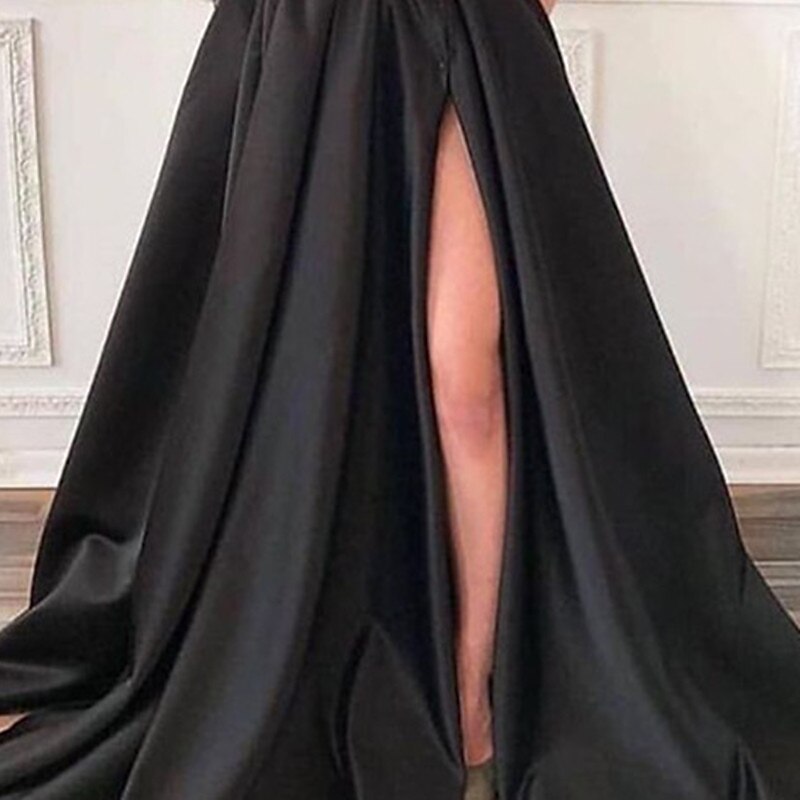 A-Line Black Evening Gown Vintage Dress Formal Wedding Guest Court Train Long Sleeve One Shoulder Satin with Feather Slit3