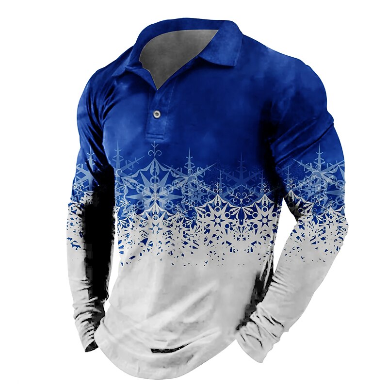 Christmas Men's Christmas Scene 3D Polo Golf Graphic Prints Snowflake Turndown Yellow Wine Blue Green Gray 3D Print Street Casual Long Sleeve Print Button-Down Clothing Apparel Fashion Designer