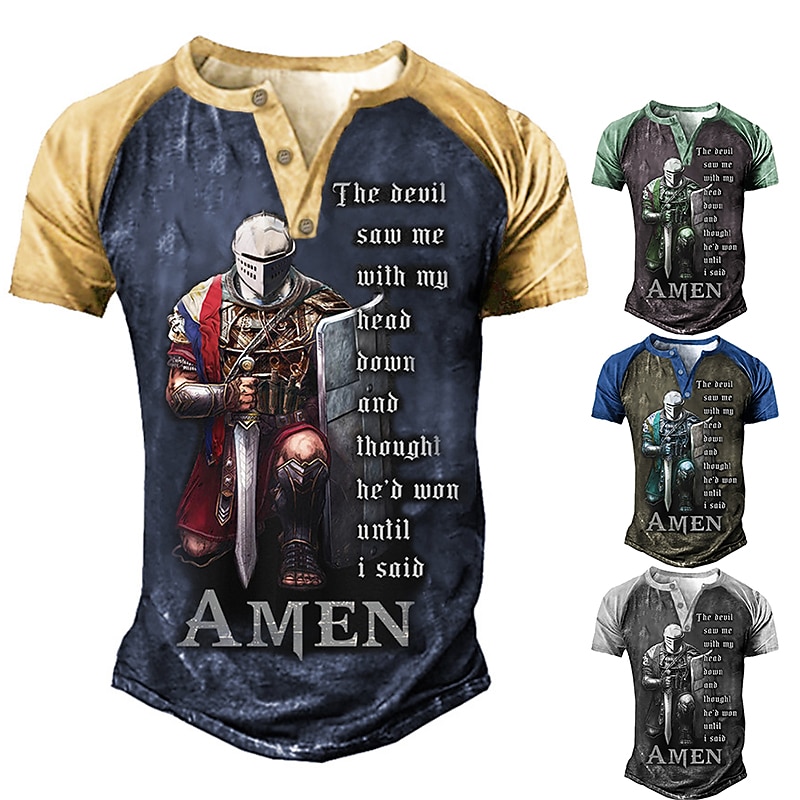 Men's Faith Graphic T-Shirt, Knight Warrior 'The Devil Saw Me Until I Said AMEN' Motivational Short Sleeve Tee