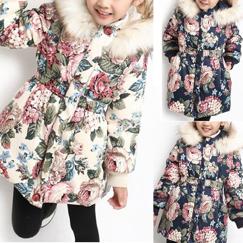 Kids Girls' Down Coat Floral Fashion Outdoor Cotton Coat Outerwear 3-12 Years Fall Navy Blue Beige