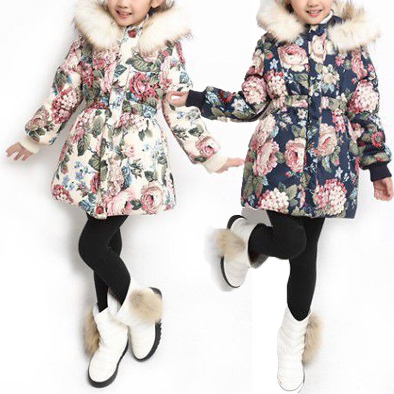 Kids Girls' Down Coat Floral Fashion Outdoor Cotton Coat Outerwear 3-12 Years Fall Navy Blue Beige2