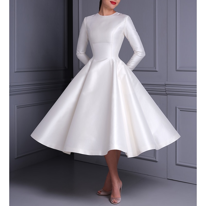 Ball Gown Cocktail Dresses Cute Dress Wedding Tea Length Long Sleeve Jewel Neck Fall Wedding Guest Satin with Pleats Pure Color Dresses2