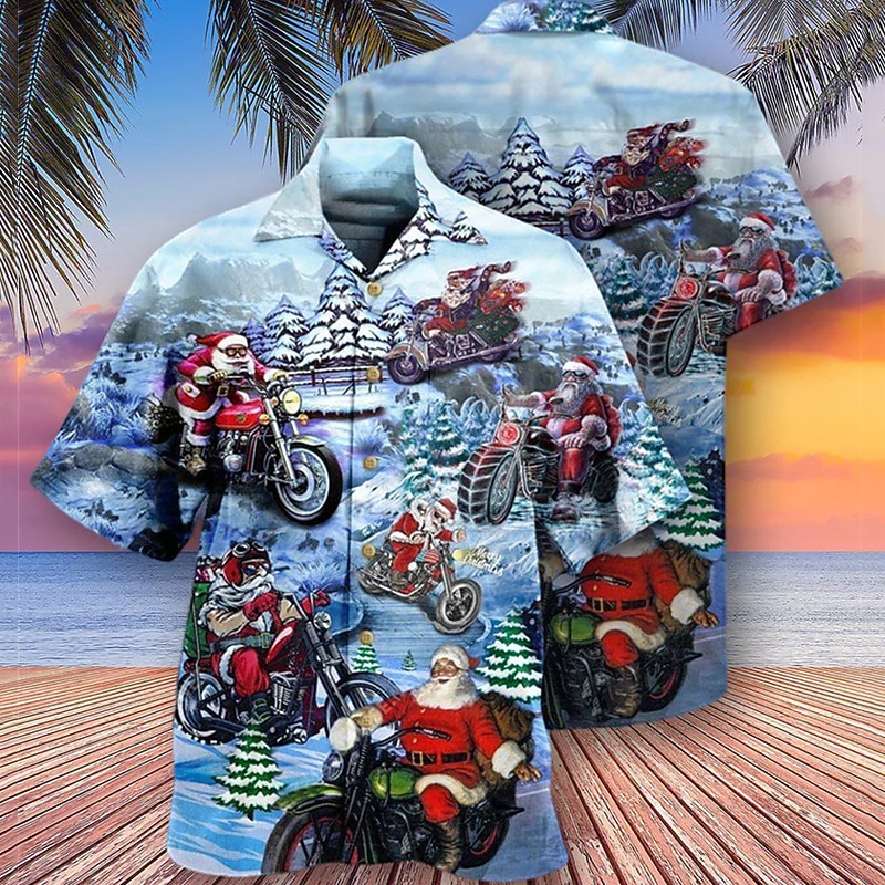 Christmas Men's Santa Claus Printed Shirts Shirts Santa Claus Graphic Prints Ugly Motorcycle Turndown Blue 3D Print Street Short Sleeve Button-Down Print Clothing Apparel Fashion Designer Casual2