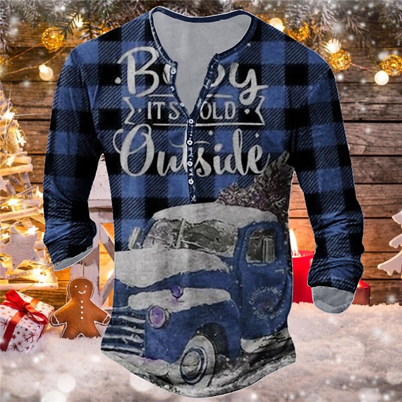 Christmas Men's Christmas Scene Henley T Shirt Tee Henley Tee Graphic Car Plaid / Check Henley Red Blue Green 3D Print Outdoor Long Sleeve Button-Down Print Clothing Apparel Designer Basic Classic3